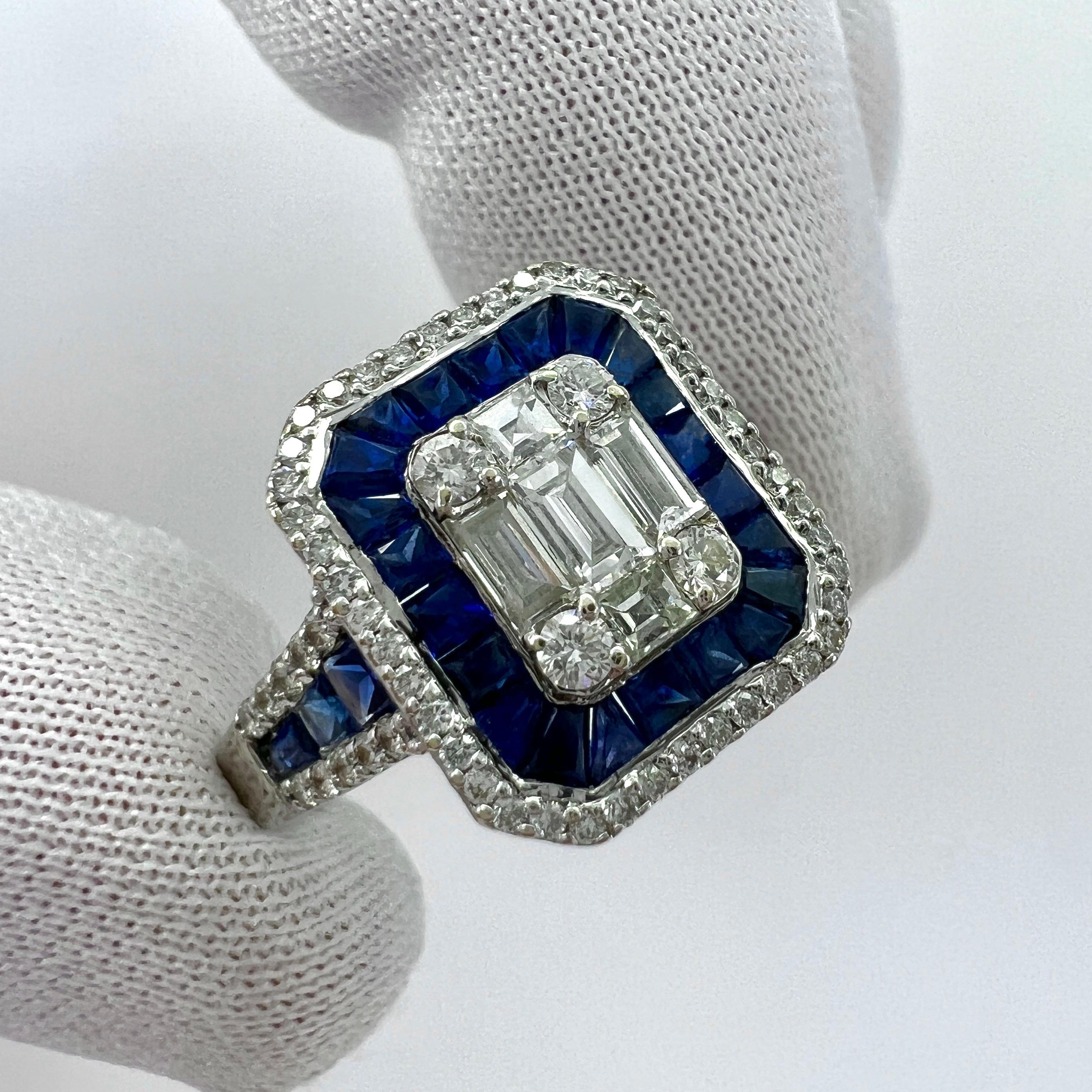 Baguette Cut 2 Carat Blue Sapphire Diamond Calibre Cut 18k White Gold Art Deco Cocktail Ring For Sale