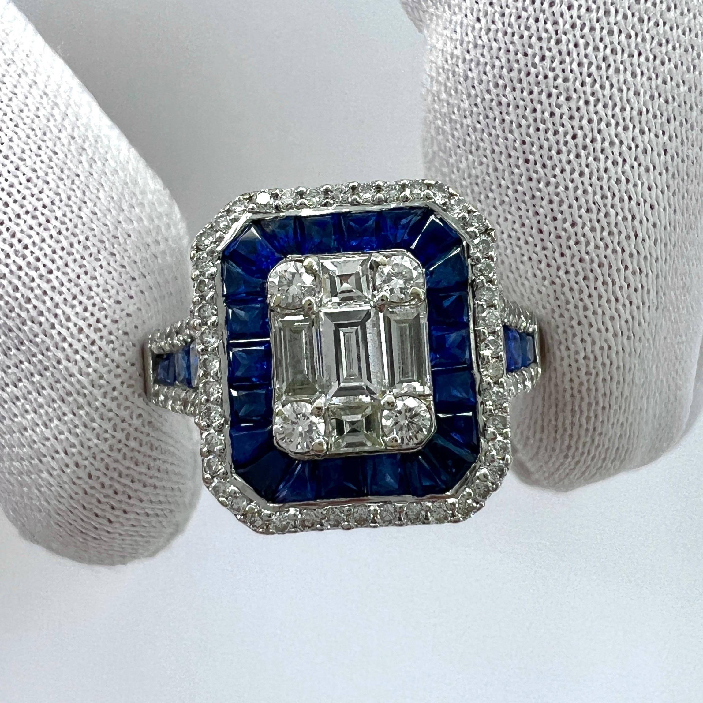 2 Carat Blue Sapphire Diamond Calibre Cut 18k White Gold Art Deco Cocktail Ring In Excellent Condition For Sale In Birmingham, GB