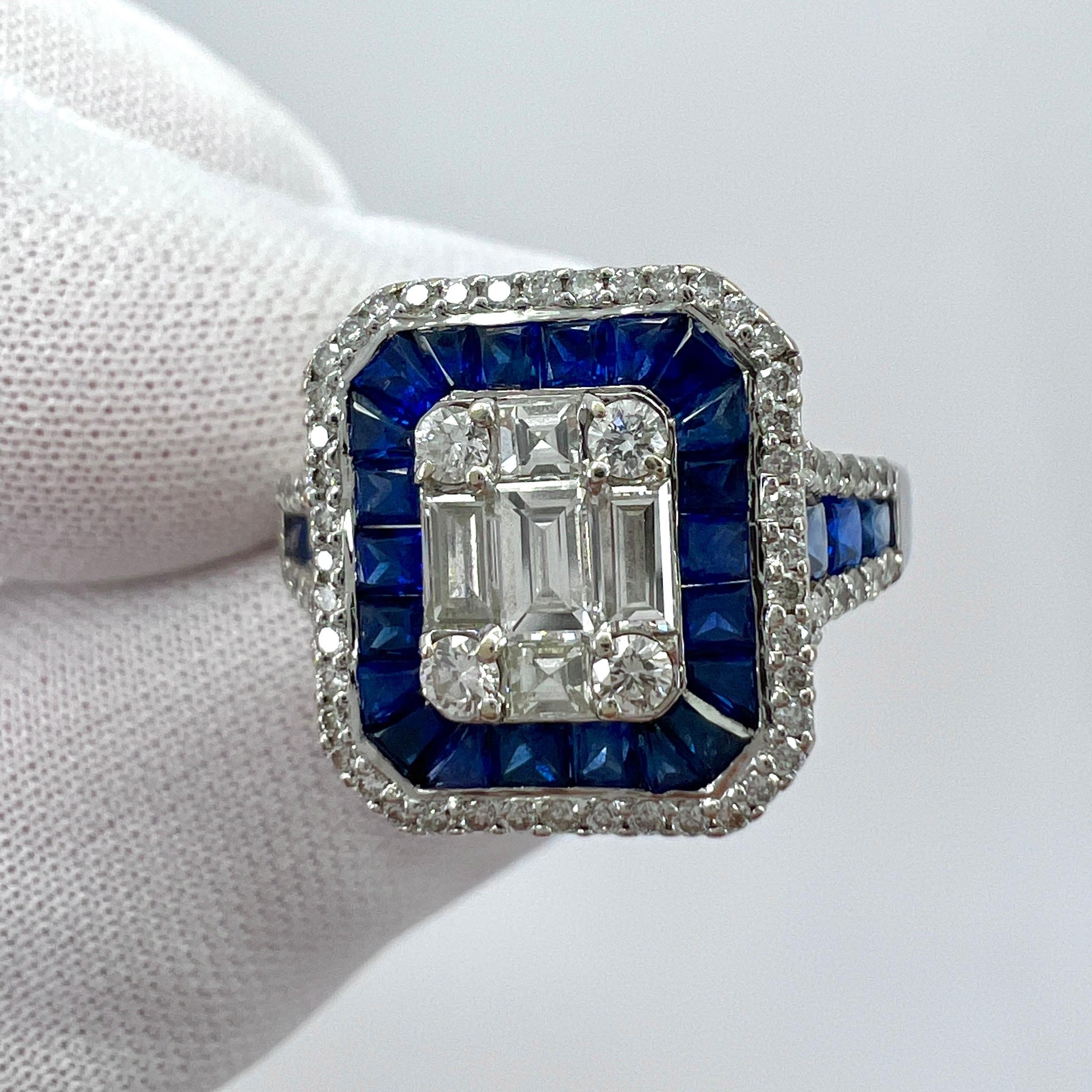 Women's or Men's 2 Carat Blue Sapphire Diamond Calibre Cut 18k White Gold Art Deco Cocktail Ring For Sale