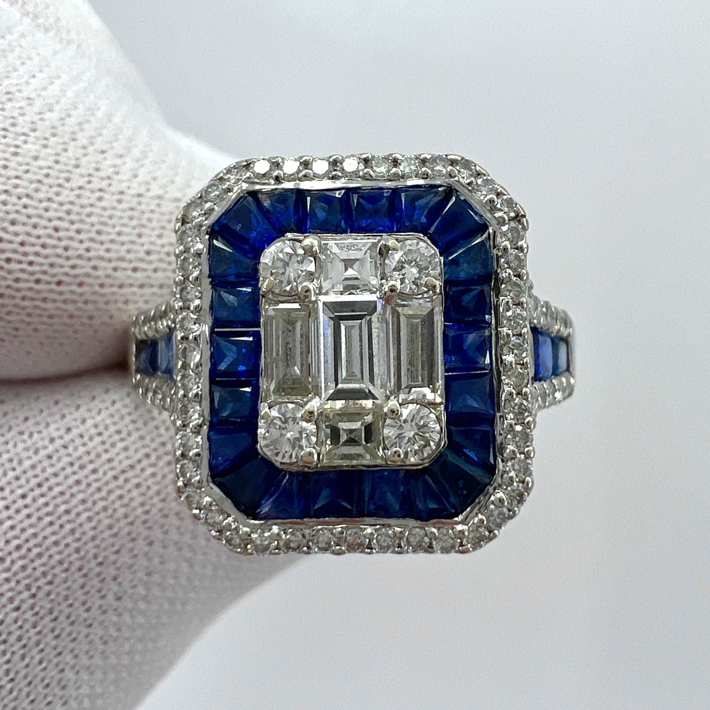 2 Carat Blue Sapphire Diamond Calibre Cut 18k White Gold Art Deco Cocktail Ring For Sale 1