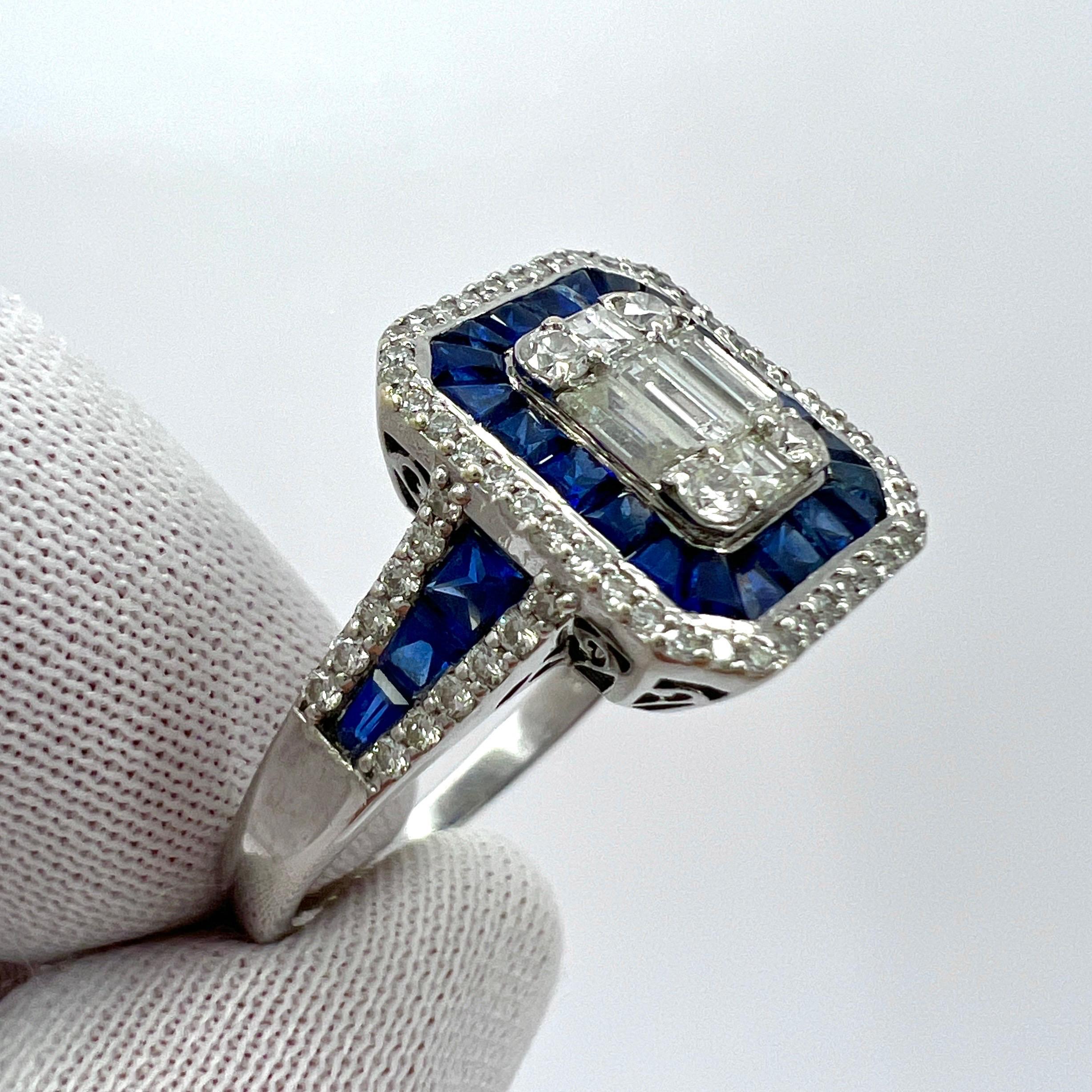 2 Carat Blue Sapphire Diamond Calibre Cut 18k White Gold Art Deco Cocktail Ring For Sale 2