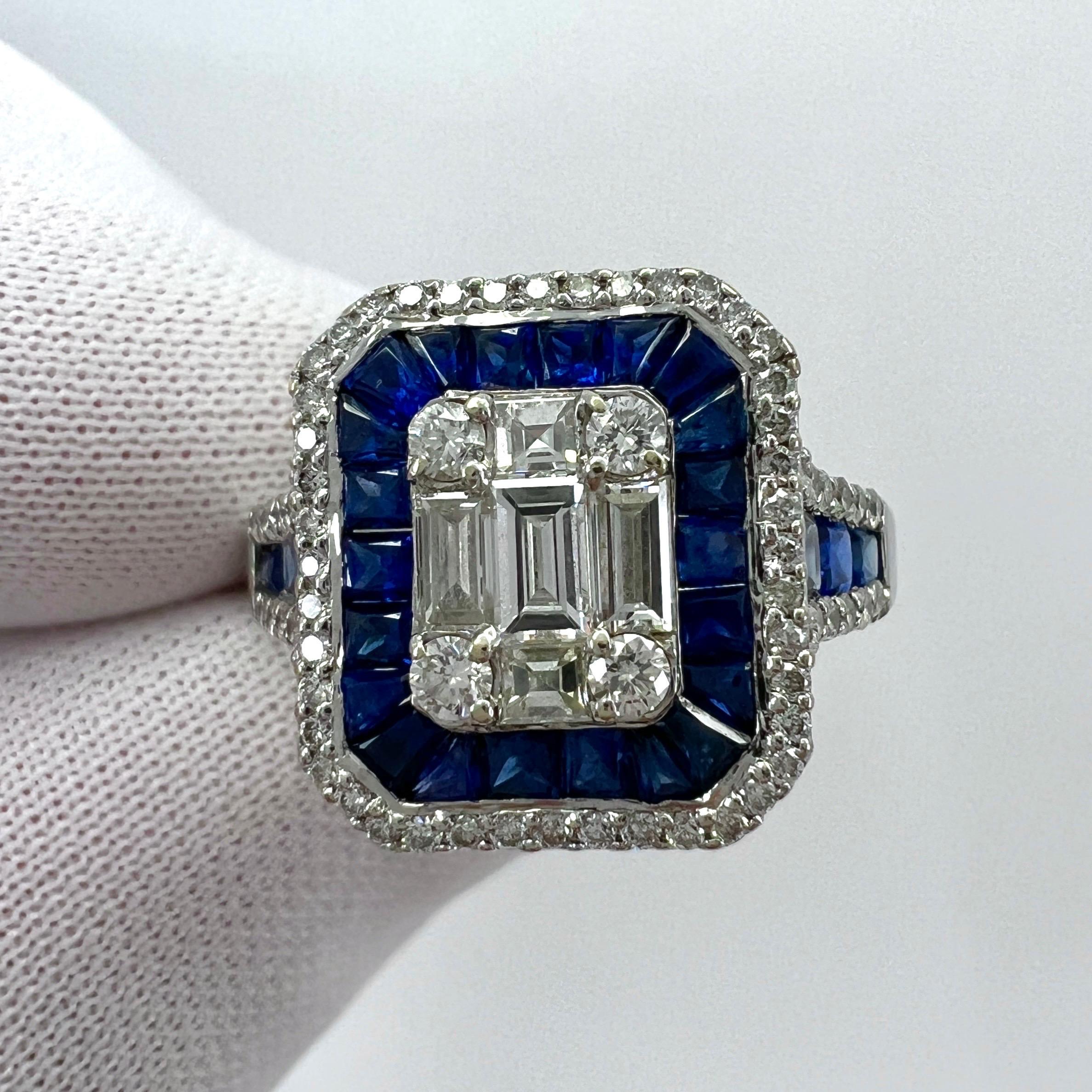 2 Carat Blue Sapphire Diamond Calibre Cut 18k White Gold Art Deco Cocktail Ring For Sale 3