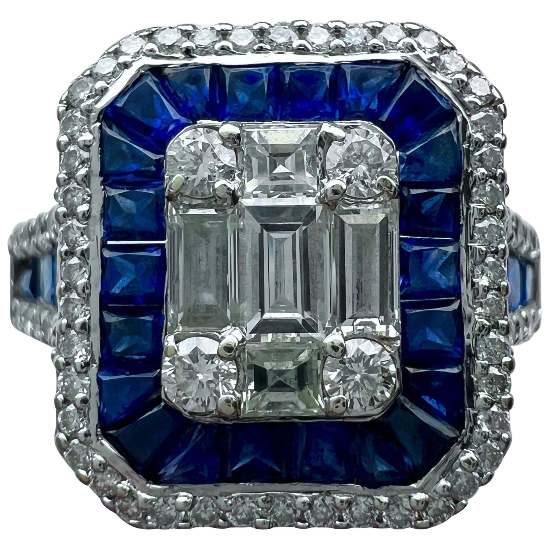 2 Karat Blauer Saphir Diamant Kaliberschliff 18k Weißgold Art Deco Cocktail Ring