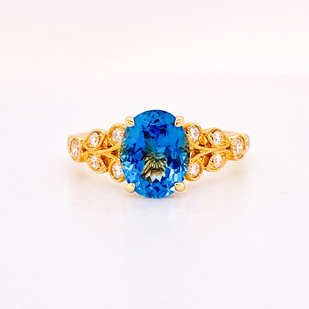 En vente :  Bague en or jaune 14 carats avec zircon bleu et diamants inspirée de la Nature 5