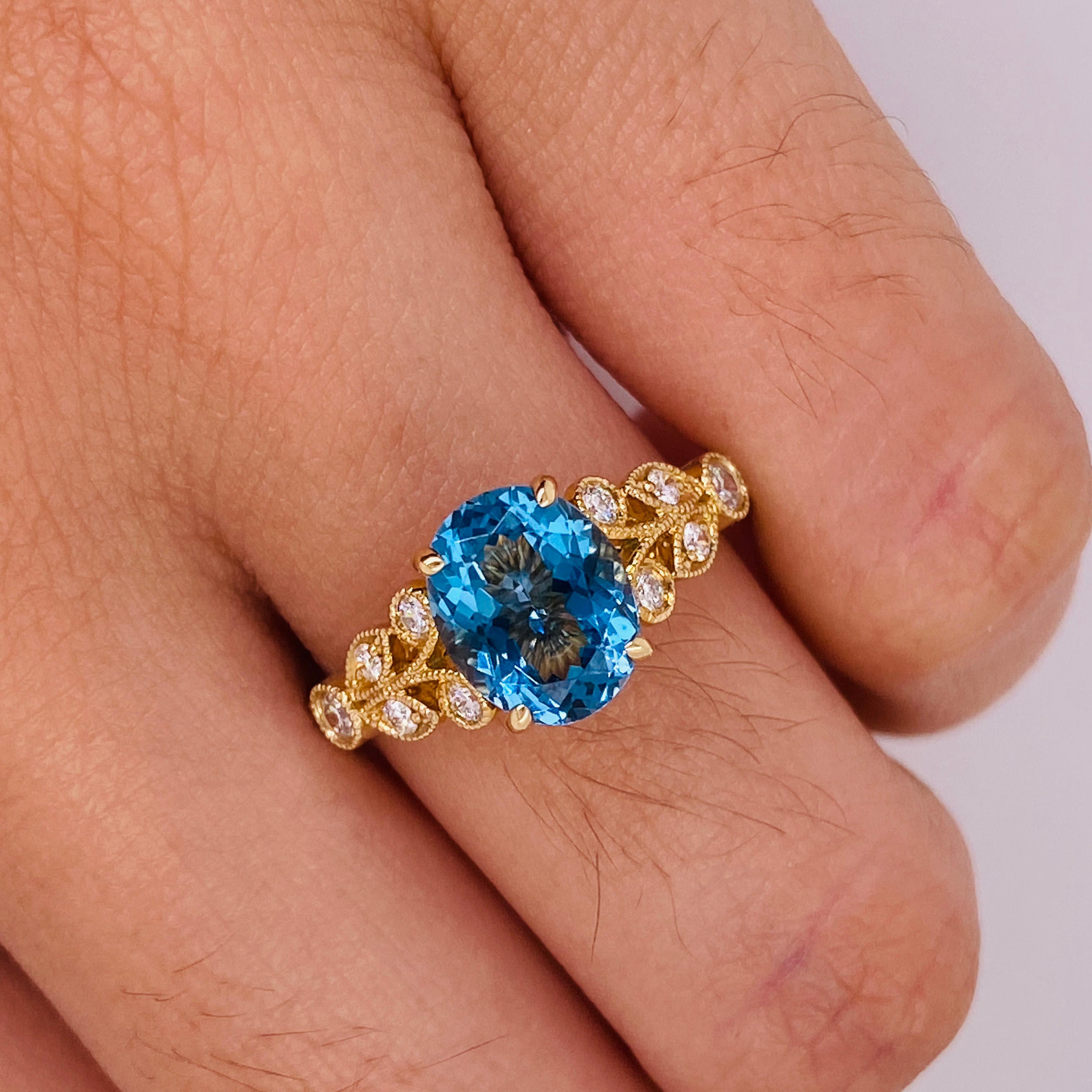 Bague en or jaune 14 carats avec zircon bleu et diamants inspirée de la Nature en vente 2