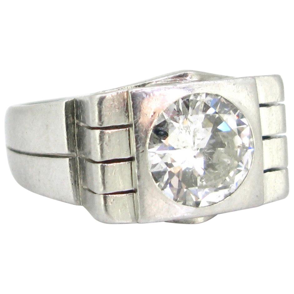 2 Carat Brilliant Cut Diamond Geometric Platinum Signet Solitaire Ring