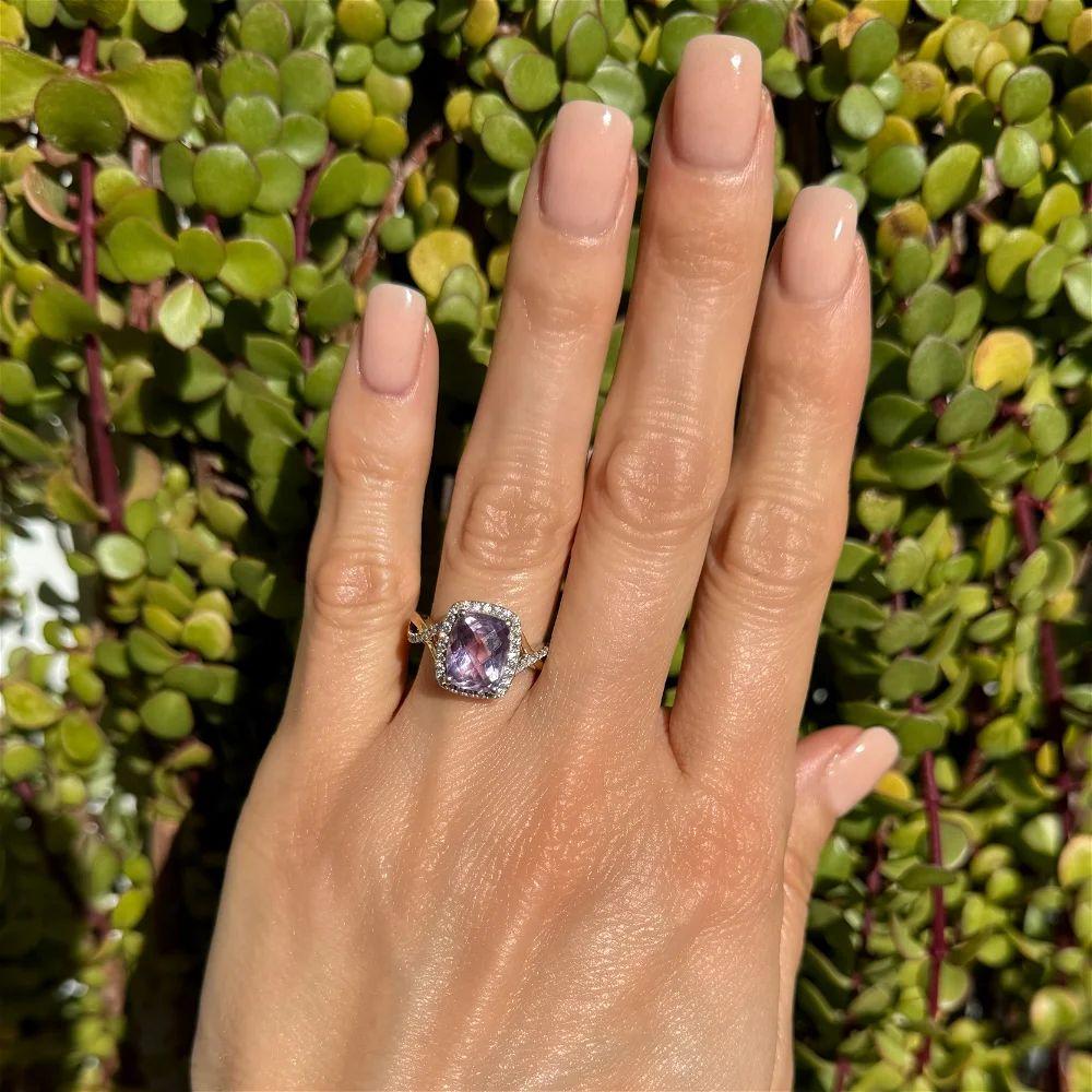 Modern 2 Carat Checkerboard Amethyst and Diamond Gold Cocktail Ring For Sale