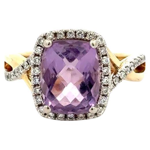 2 Carat Checkerboard Amethyst and Diamond Gold Cocktail Ring