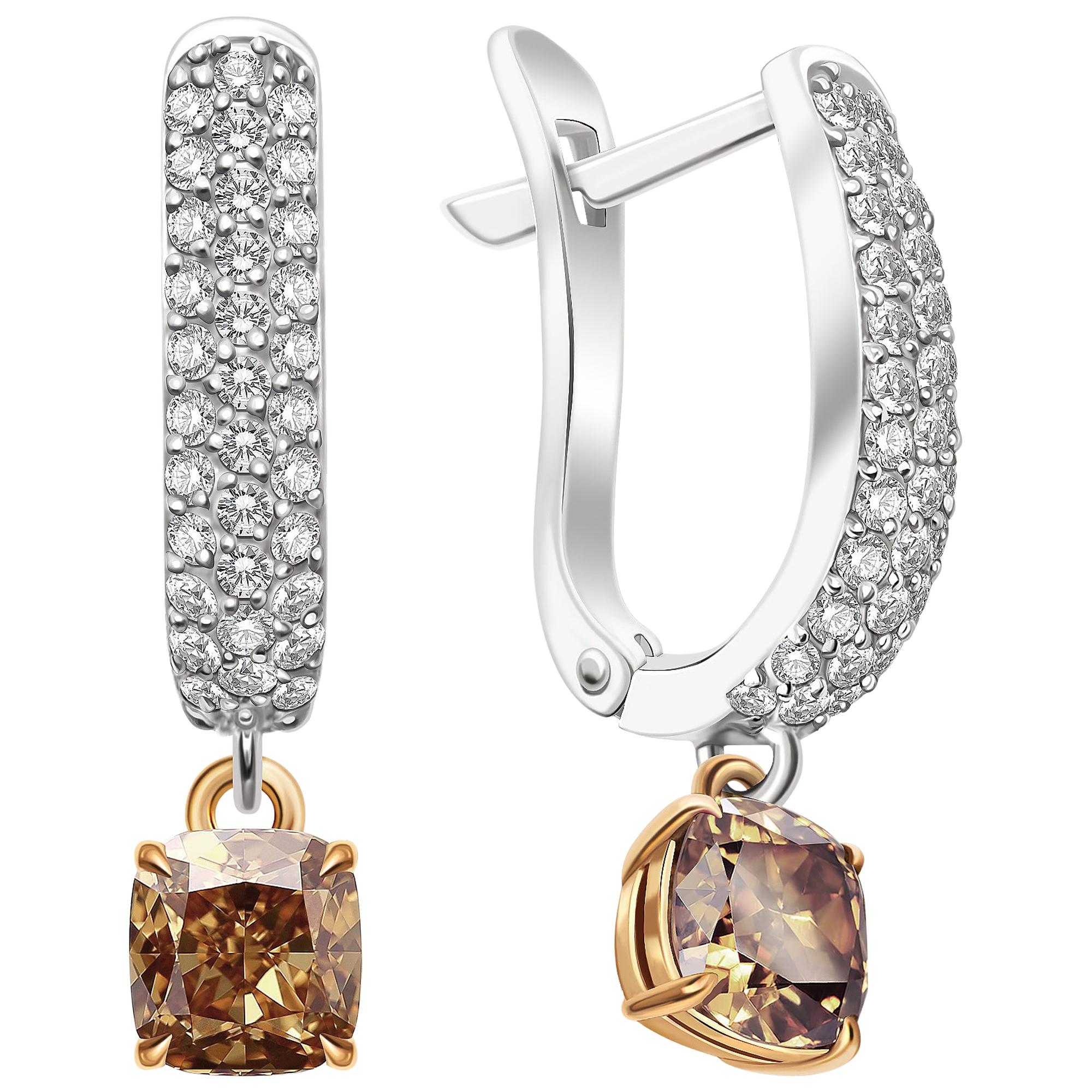 2 Carat Cognac Diamond and White Diamonds 14 Karat White Gold Earrings For Sale