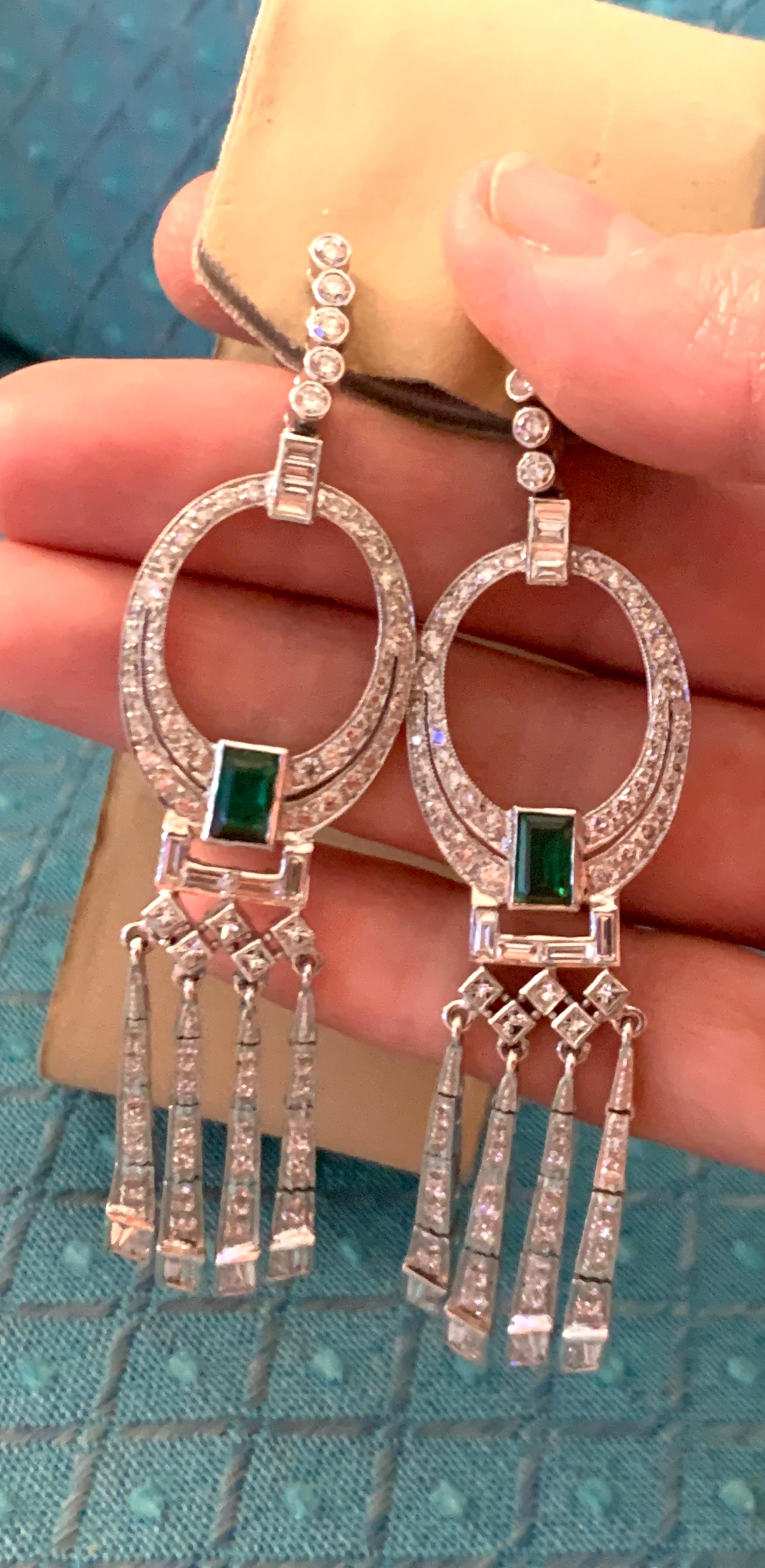 2 Carat Colombian Emerald Cut Emerald Diamond  Drop / Cocktail Earrings Platinum For Sale 1