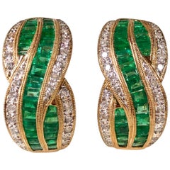 2 Carat Colombian Emerald Diamond Huggie Yellow Gold Earrings