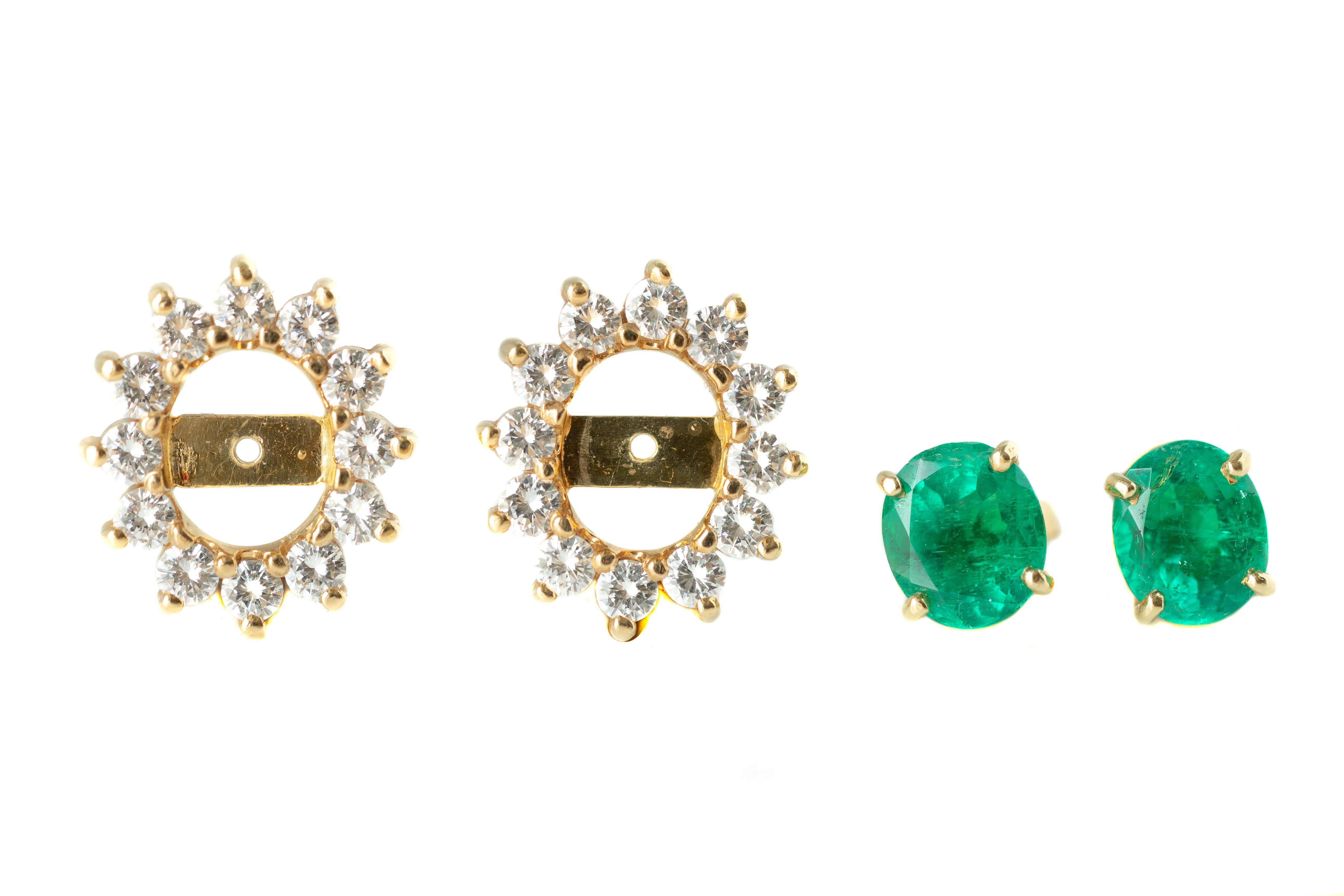Contemporary 2 Carat Colombian Emerald Stud Earrings with 0.90 Carat Diamond Jackets For Sale