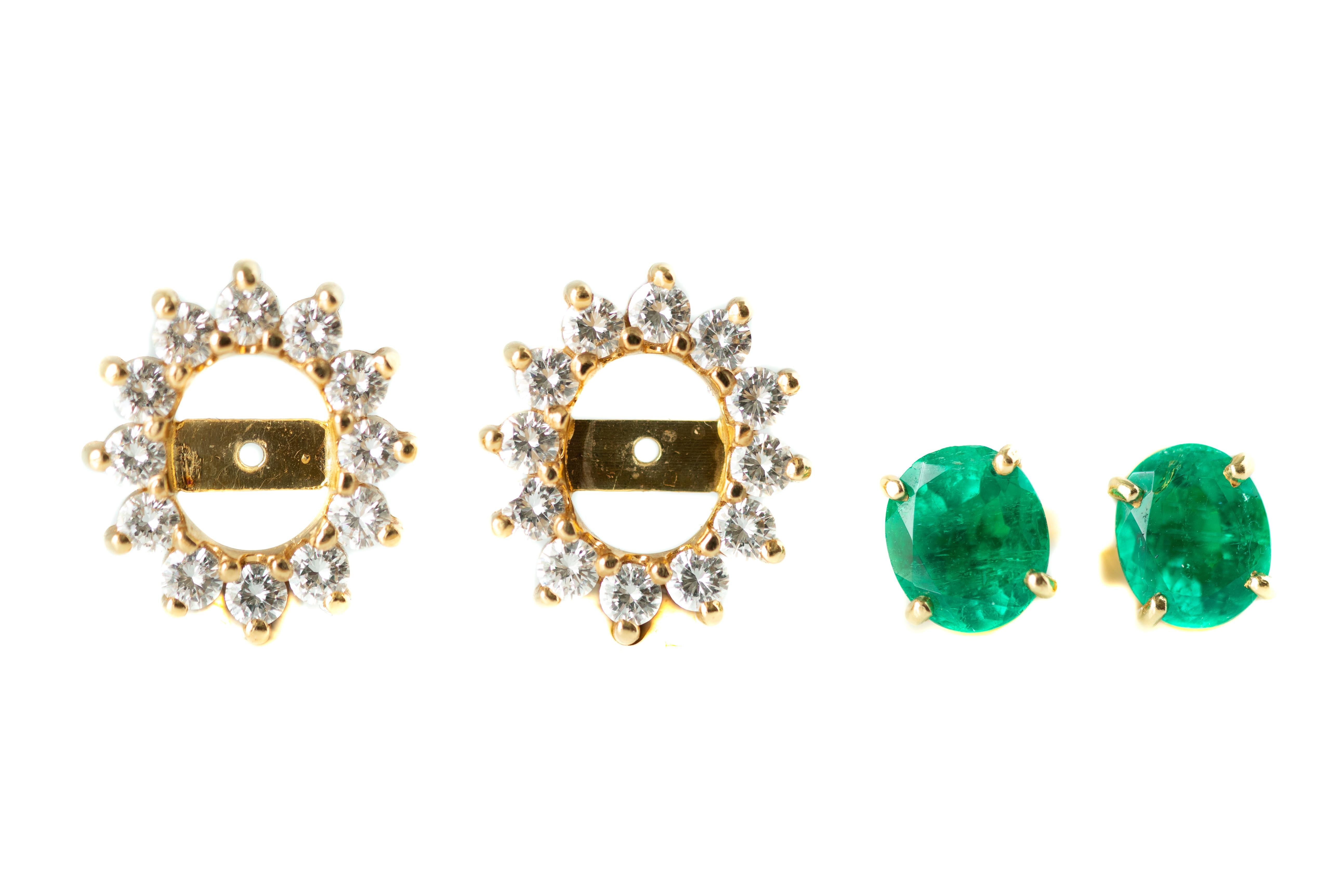 Oval Cut 2 Carat Colombian Emerald Stud Earrings with 0.90 Carat Diamond Jackets For Sale