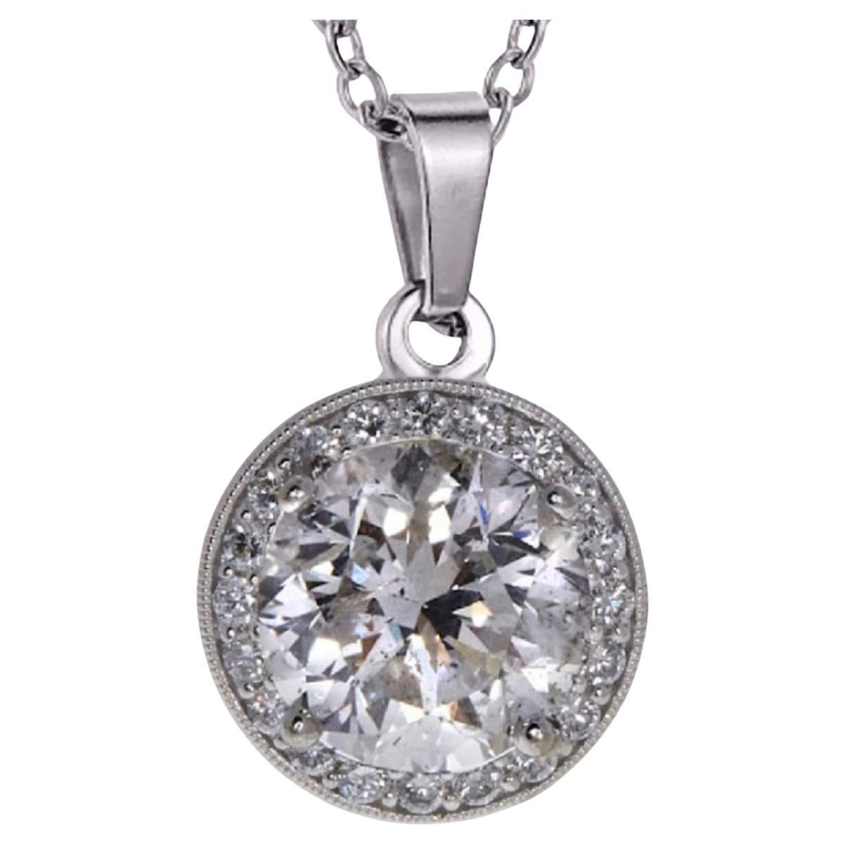 2 Carat Ct Brilliant Round Diamond Halo Pendant Necklace in 14k White Gold For Sale