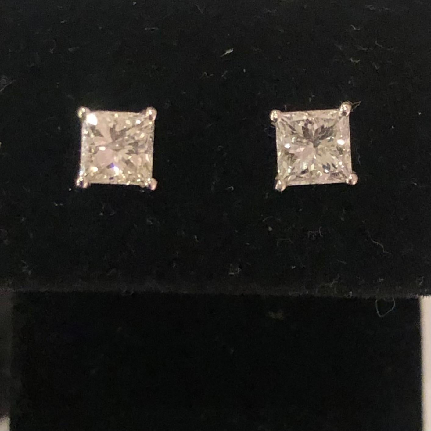 Women's or Men's 1 3/5 Carat Ct Real Natural Princess Cut Diamond Stud Earrings 14k White Gold 2 For Sale