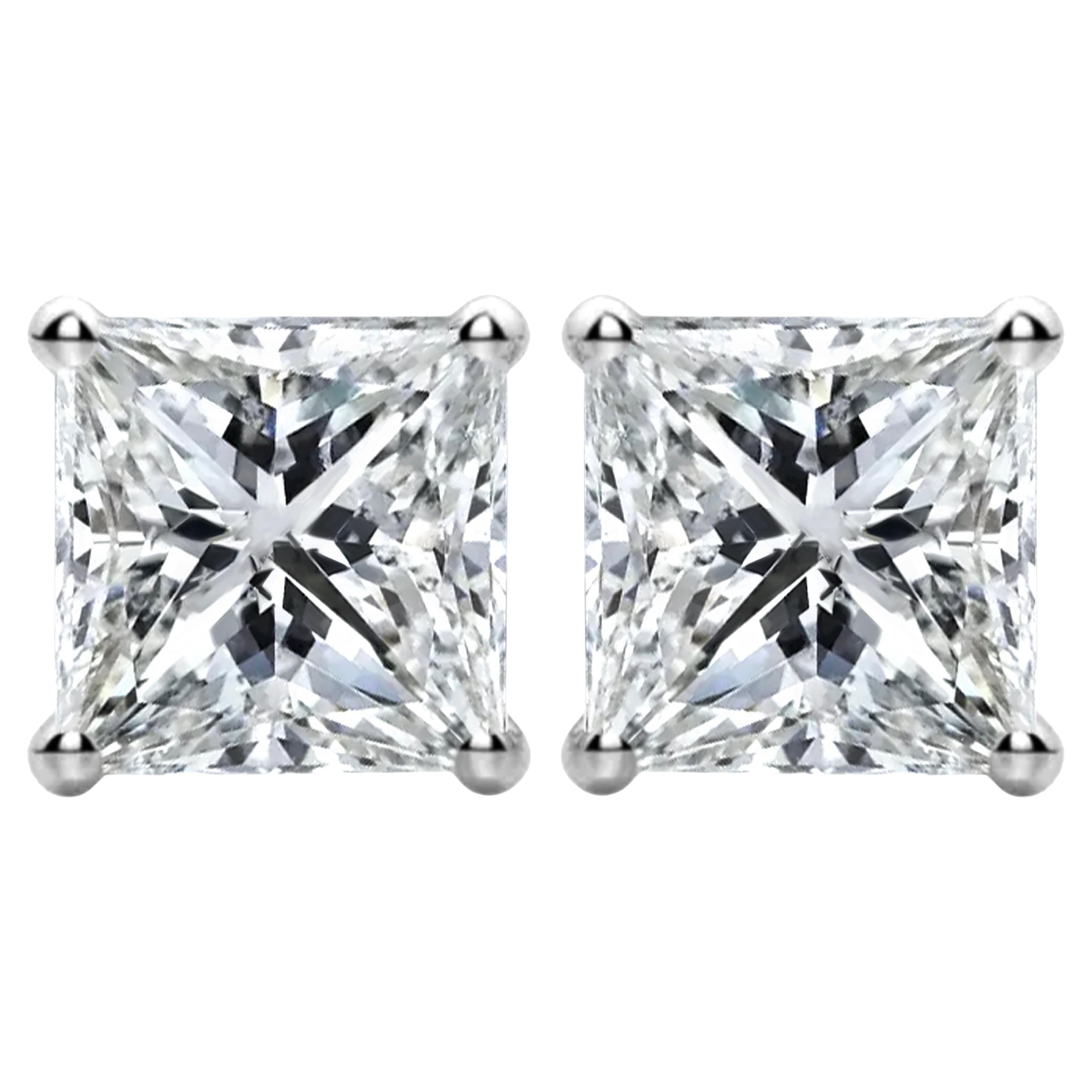 1 3/5 Carat Ct Real Natural Princess Cut Diamond Stud Earrings 14k White Gold 2 For Sale