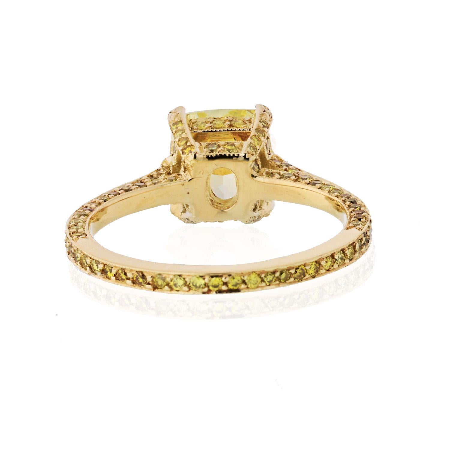 2 Carat Cushion Cut Diamond Fancy Intense Yellow GIA Engagement Ring at