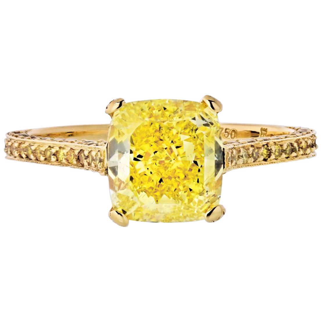 2 Carat Cushion Cut Diamond Fancy Intense Yellow GIA Engagement Ring