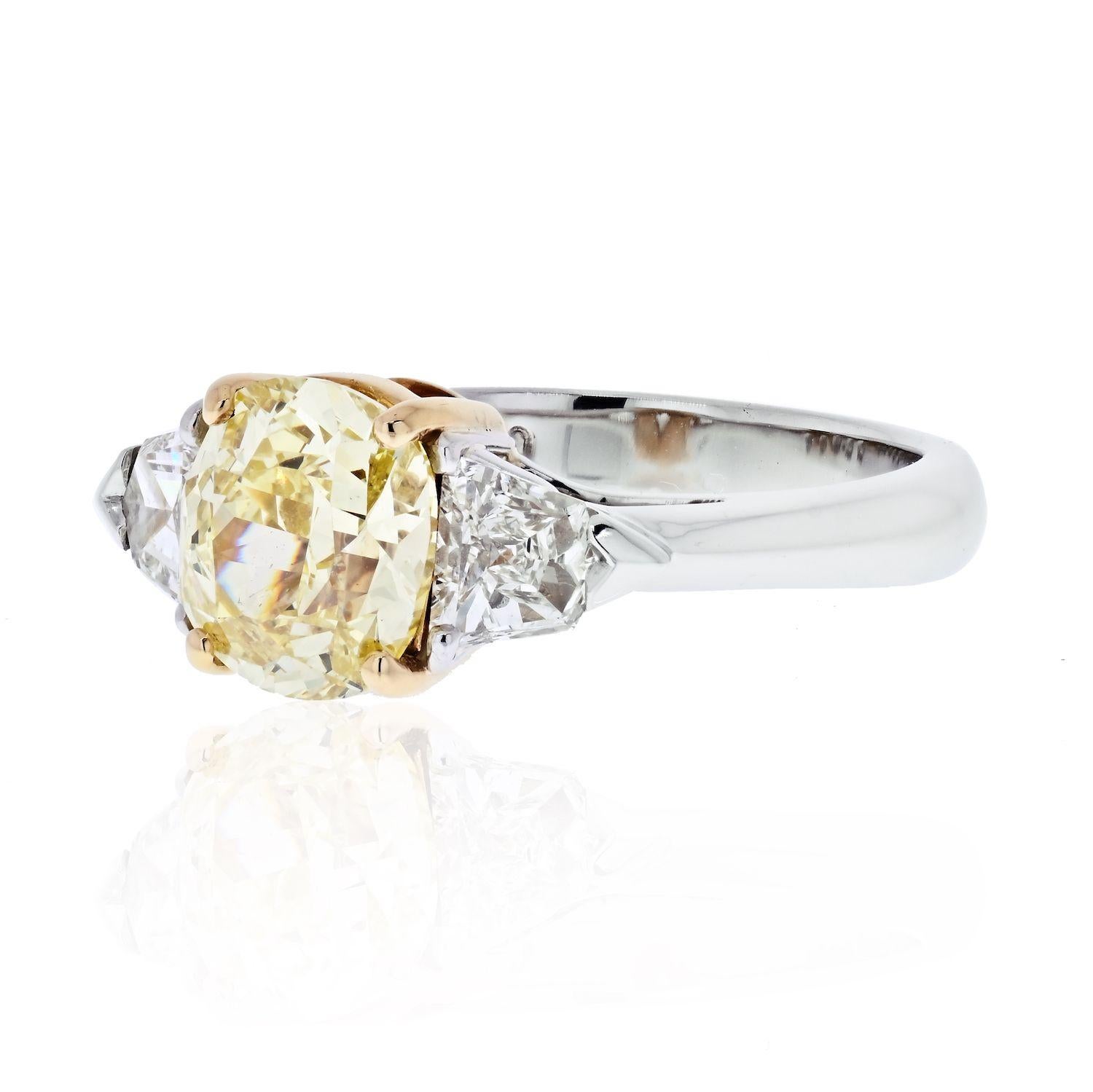 2 Carat Cushion Cut Diamond Fancy Yellow GIA with Side Bullets Engagement Ring at 1stDibs