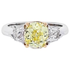 2 Carat Cushion Cut Diamond Fancy Yellow GIA with Side Bullets Engagement Ring