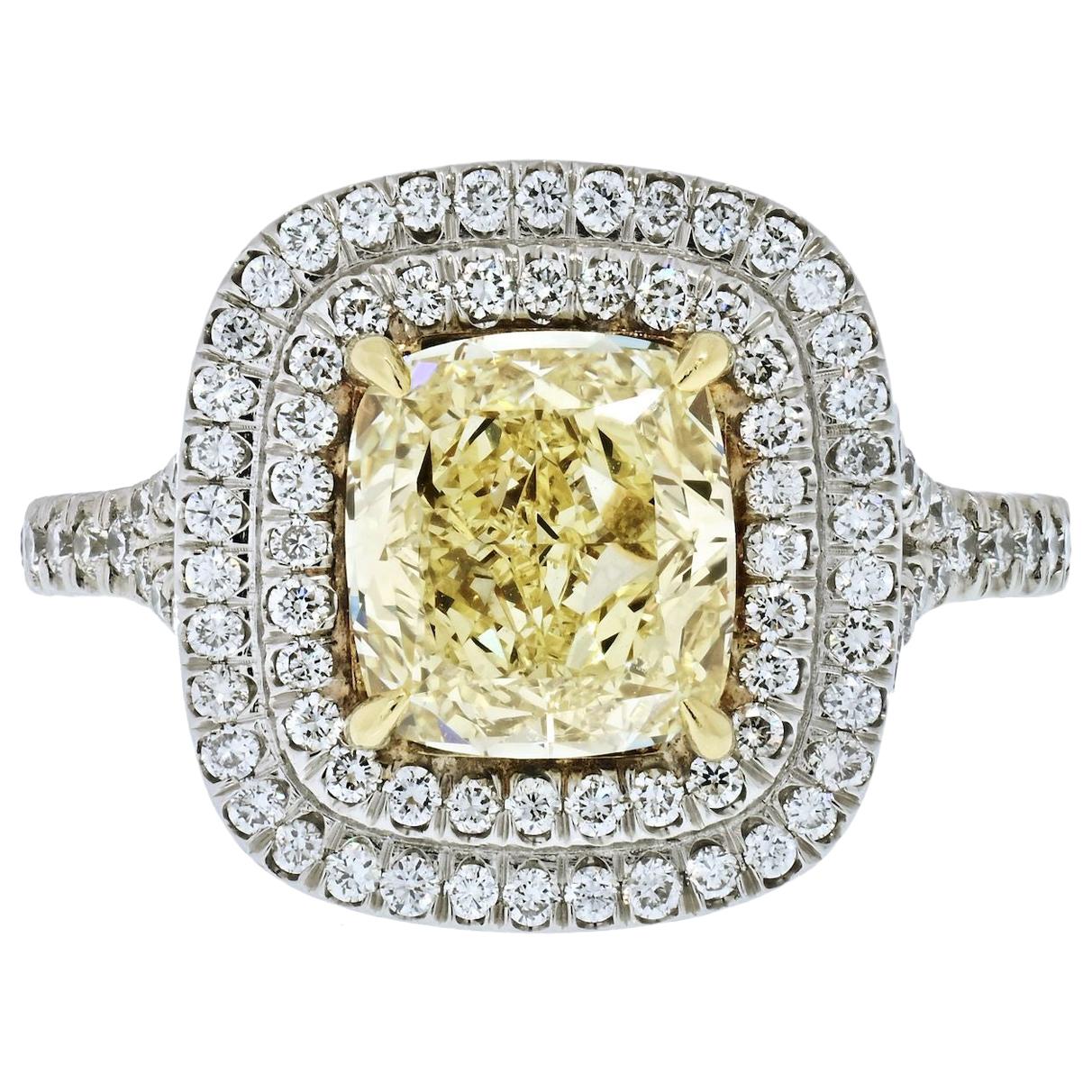 2 Carat Cushion Cut Fancy Yellow Diamond Double Halo GIA Engagement Ring For Sale