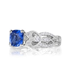 2 Carat Cushion Diamond Ring Royal Blue Sapphire 14K White Gold Modern Nobility