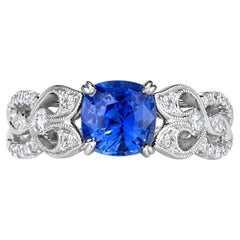 2 Carat Cushion Diamond Ring Royal Blue Sapphire 14K White Gold Modern Nobility