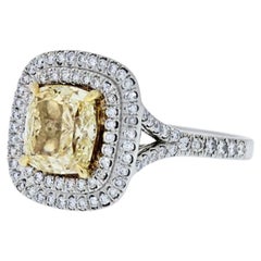 2 Carat Cushion Halo Diamond Ring Fancy Yellow 14K White Gold