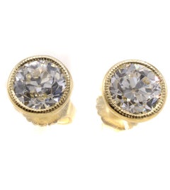 2 Carat E Color Old European Cut Diamond 18 Karat Gold Stud Earrings