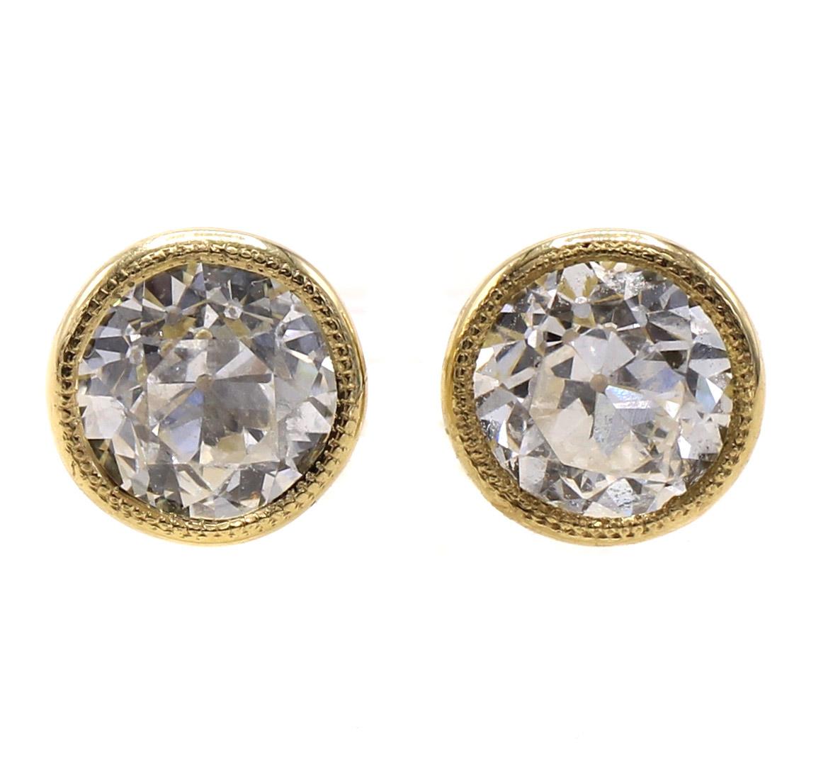 Women's or Men's 2 Carat E Color Old European Cut Diamond 18 Karat Gold Stud Earrings For Sale