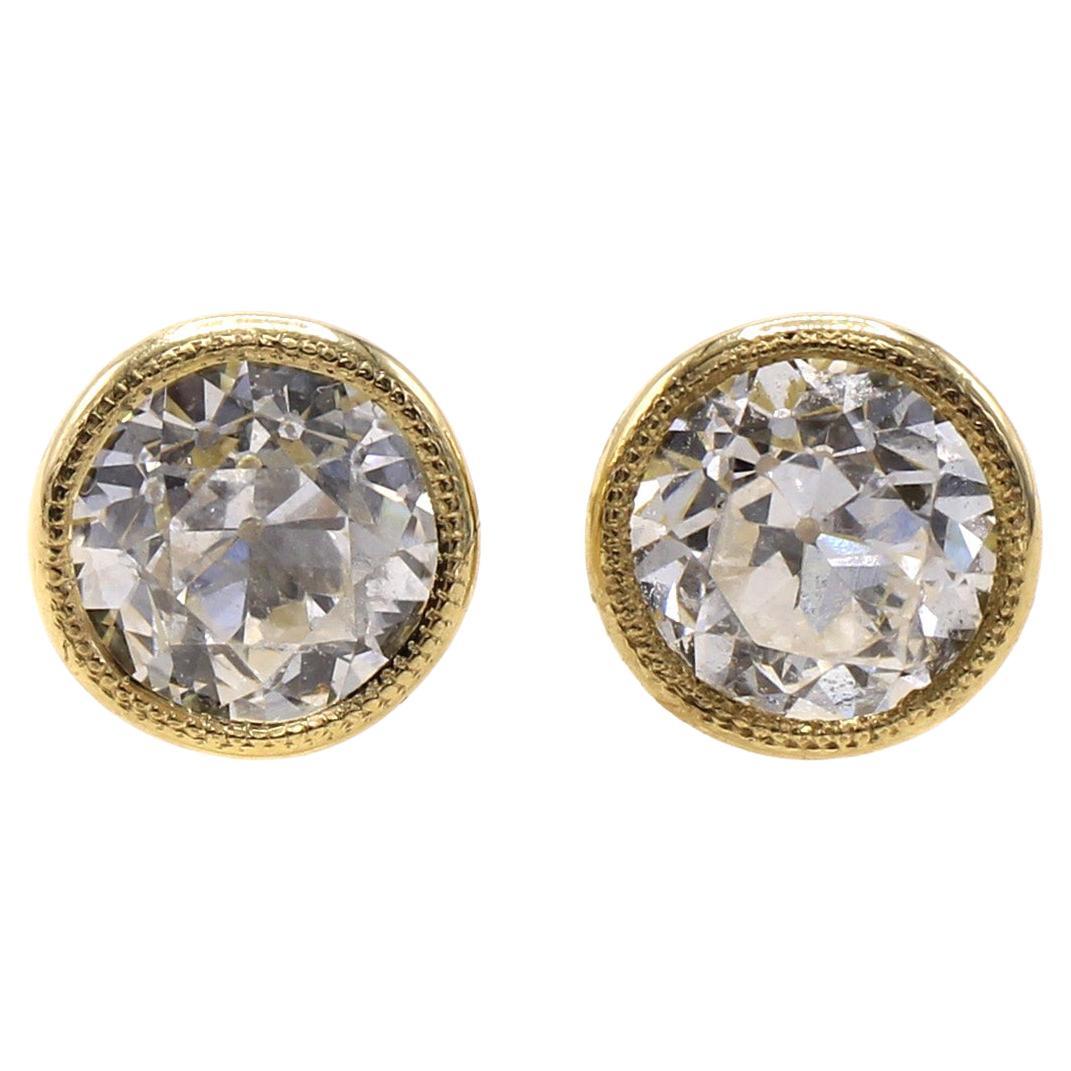 2 Carat E Color Old European Cut Diamond 18 Karat Gold Stud Earrings For Sale