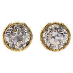 Antique 2 Carat E Color Old European Cut Diamond 18 Karat Gold Stud Earrings