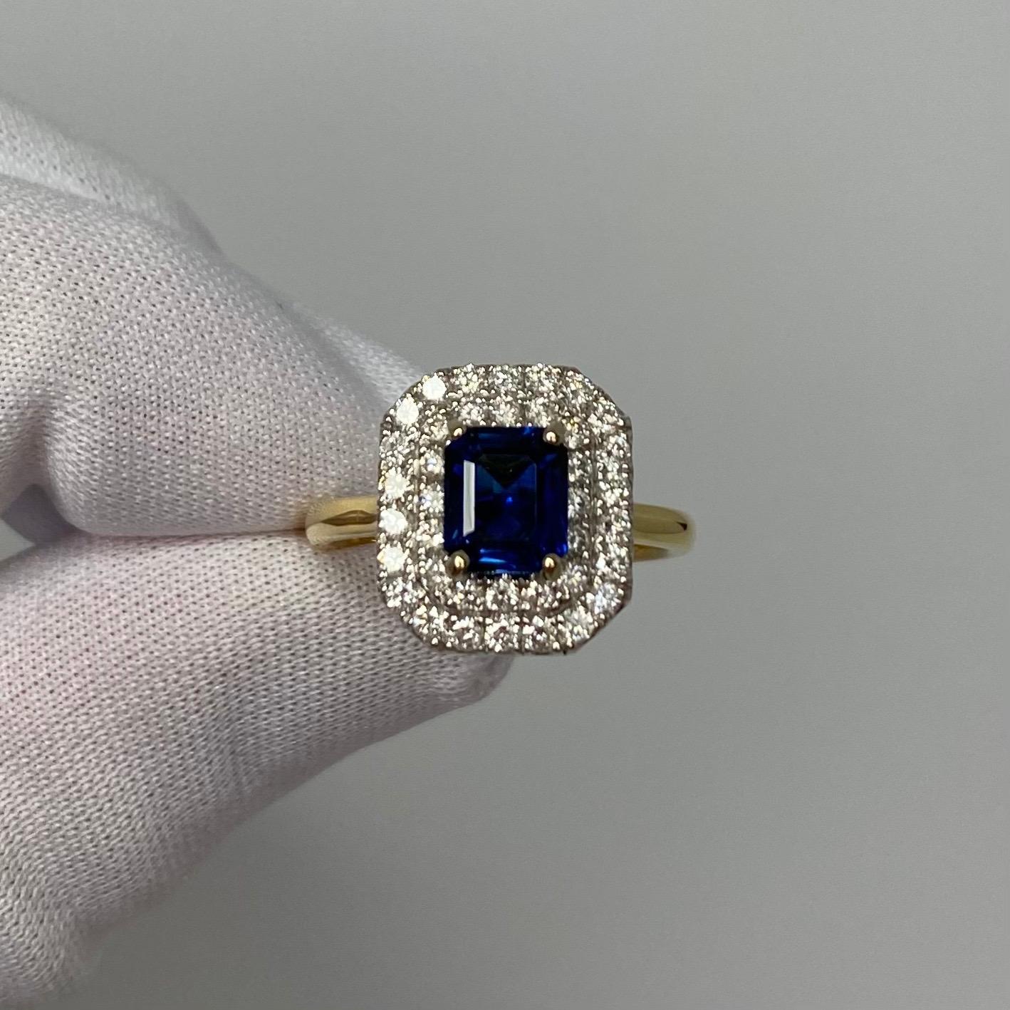 2 Carat Deep Blue Burmese Sapphire & Diamond 18Karat Gold Emerald Cut Halo Ring For Sale 5