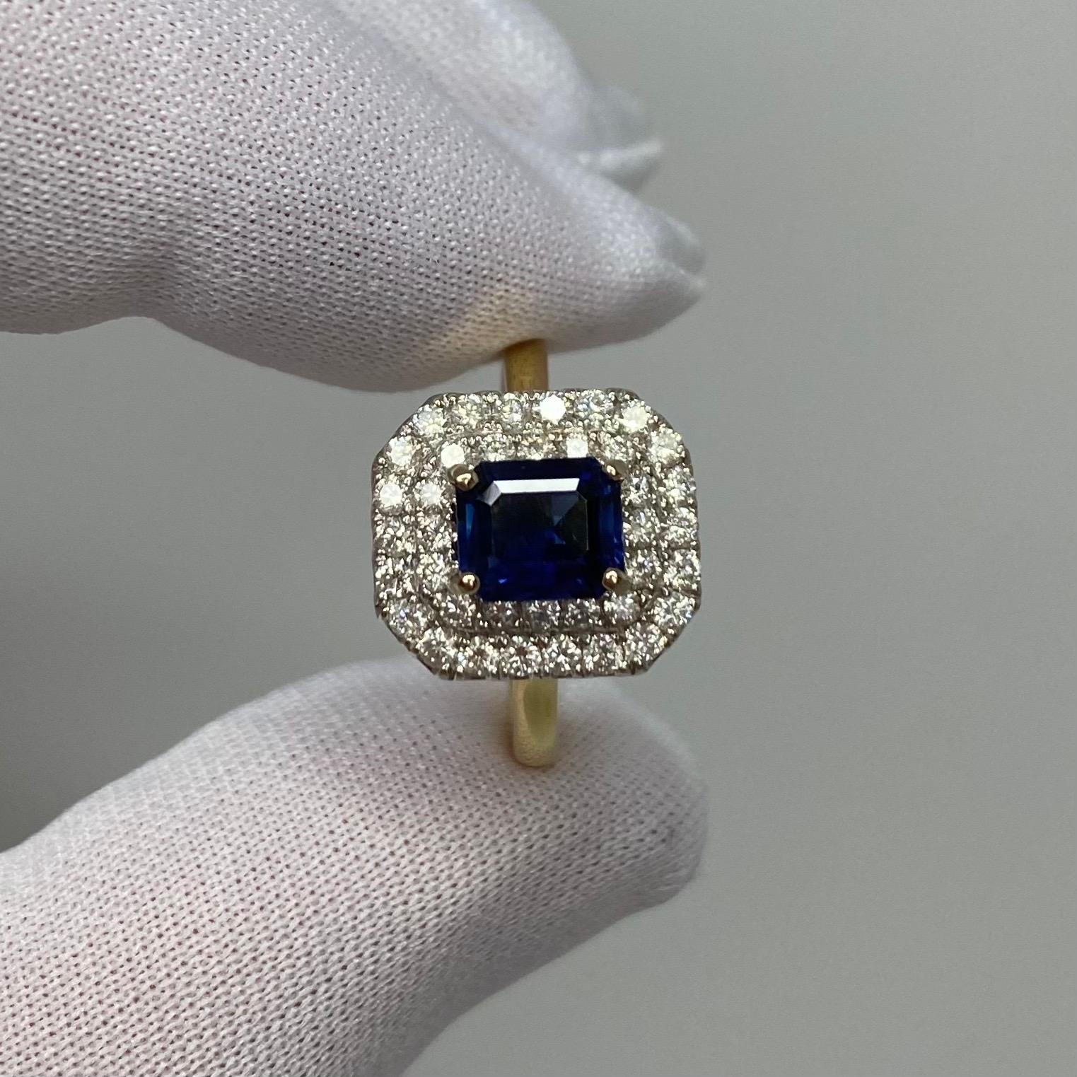 2 Karat tiefblauer burmesischer Saphir & Diamant 18 Karat Gold Smaragdschliff Halo-Ring 7