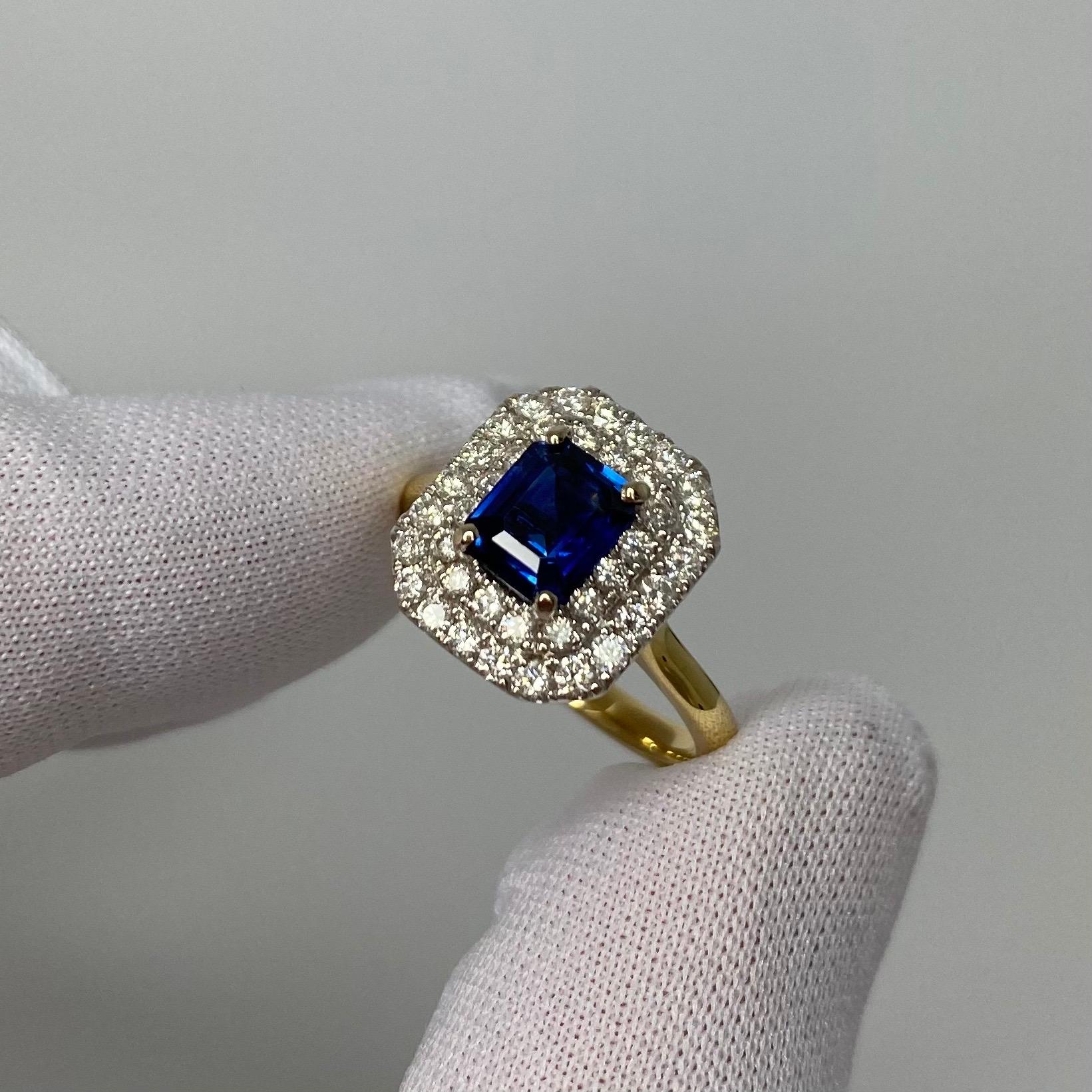 2 Carat Deep Blue Burmese Sapphire & Diamond 18Karat Gold Emerald Cut Halo Ring For Sale 7