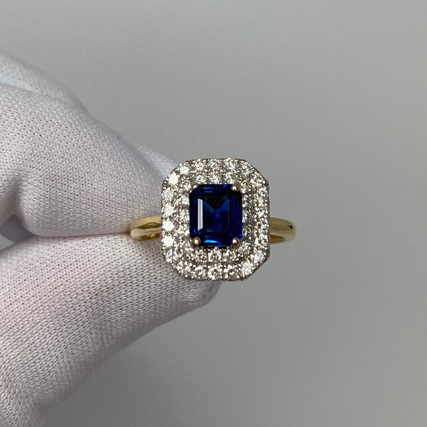 Deep Blue Burmese Sapphire & Diamond 18K Gold Halo Ring.

Stunning 1.45 Carat centre Burmese Sapphire with a fine deep blue colour and an excellent emerald cut. Also has excellent clarity with only some small natural inclusions visible when looking
