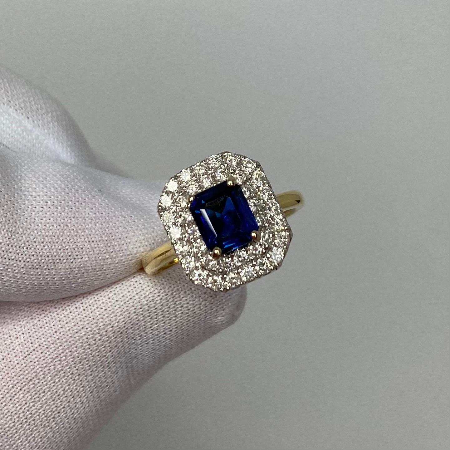 2 Karat tiefblauer burmesischer Saphir & Diamant 18 Karat Gold Smaragdschliff Halo-Ring im Zustand „Neu“ in Birmingham, GB