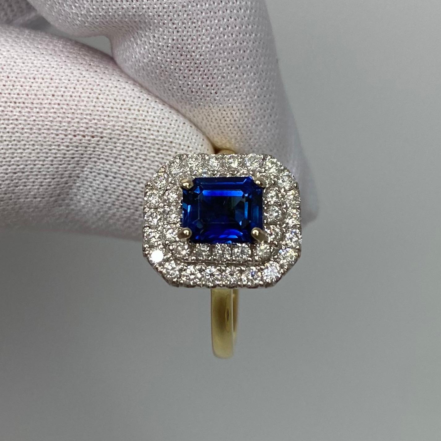 2 Carat Deep Blue Burmese Sapphire & Diamond 18Karat Gold Emerald Cut Halo Ring In New Condition For Sale In Birmingham, GB