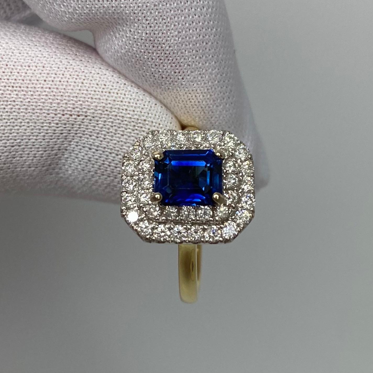 2 Karat tiefblauer burmesischer Saphir & Diamant 18 Karat Gold Smaragdschliff Halo-Ring für Damen oder Herren