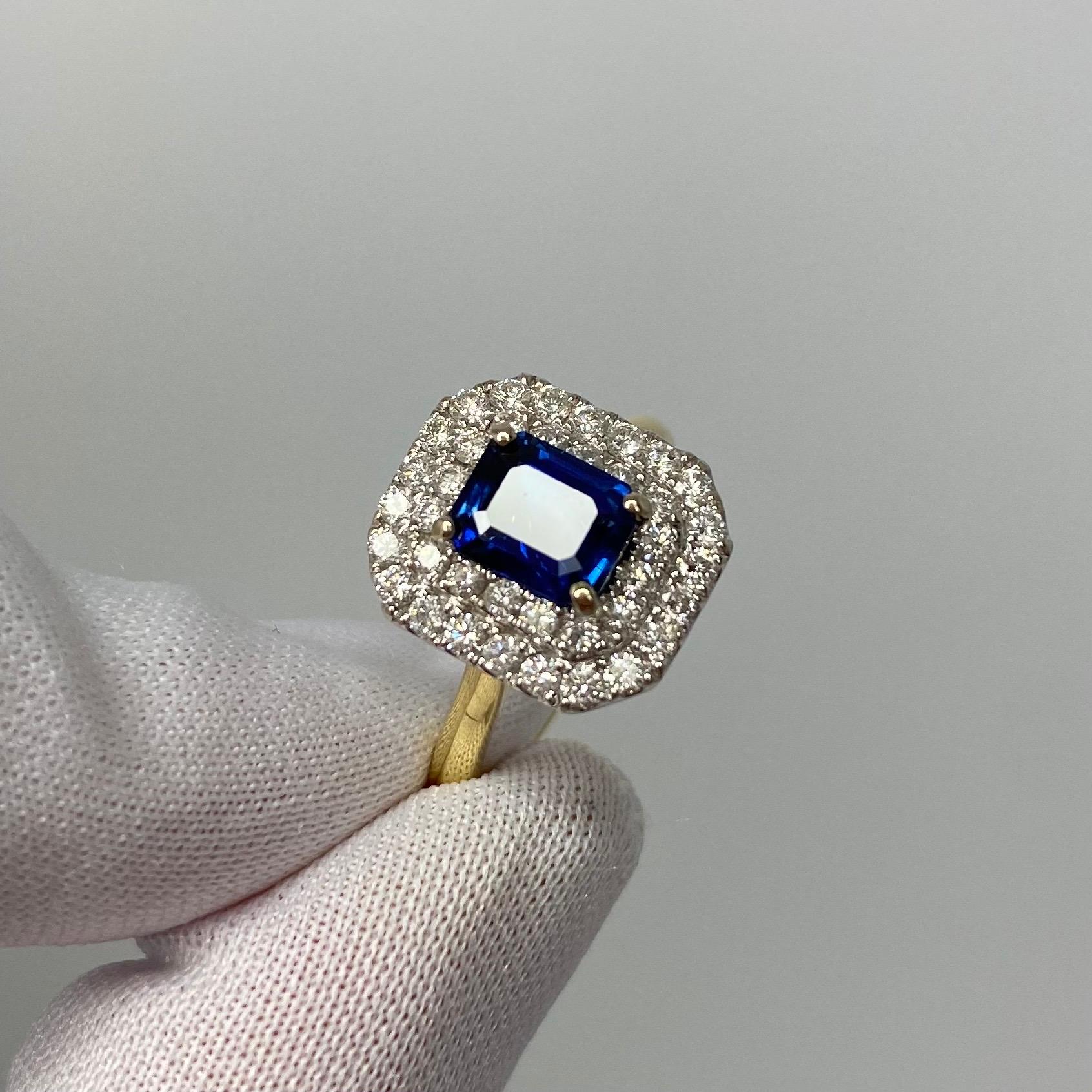 Women's or Men's 2 Carat Deep Blue Burmese Sapphire & Diamond 18Karat Gold Emerald Cut Halo Ring For Sale