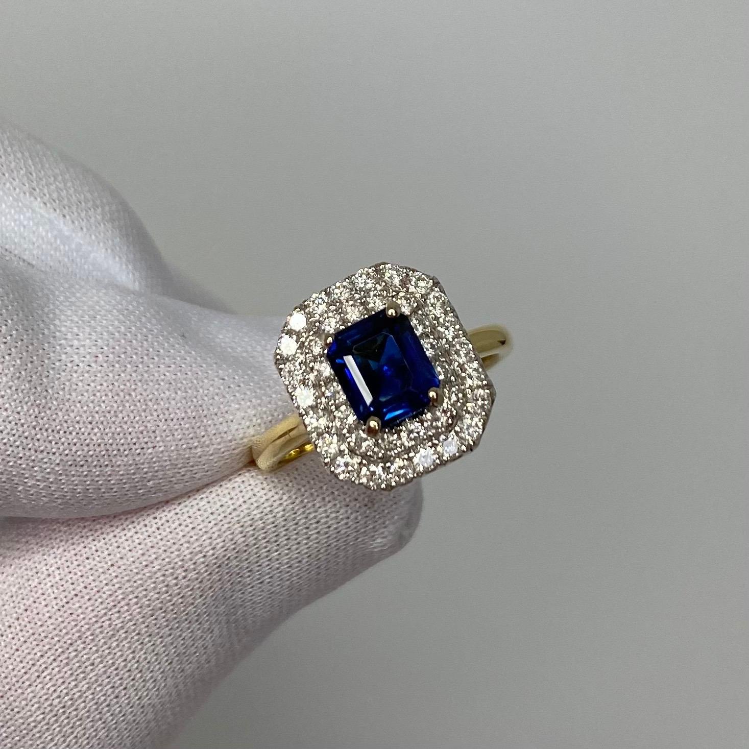 2 Carat Deep Blue Burmese Sapphire & Diamond 18Karat Gold Emerald Cut Halo Ring For Sale 1