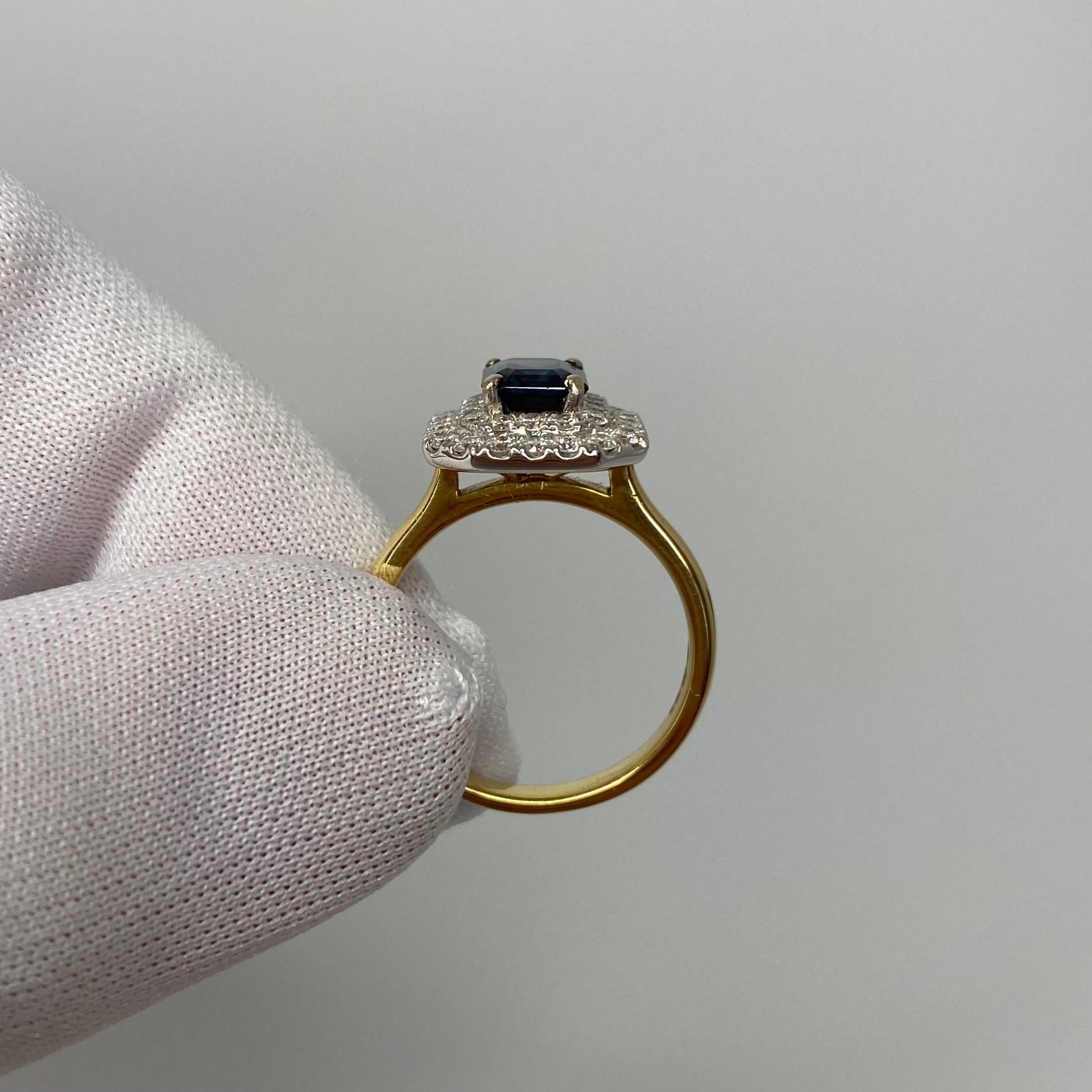 2 Carat Deep Blue Burmese Sapphire & Diamond 18Karat Gold Emerald Cut Halo Ring For Sale 2