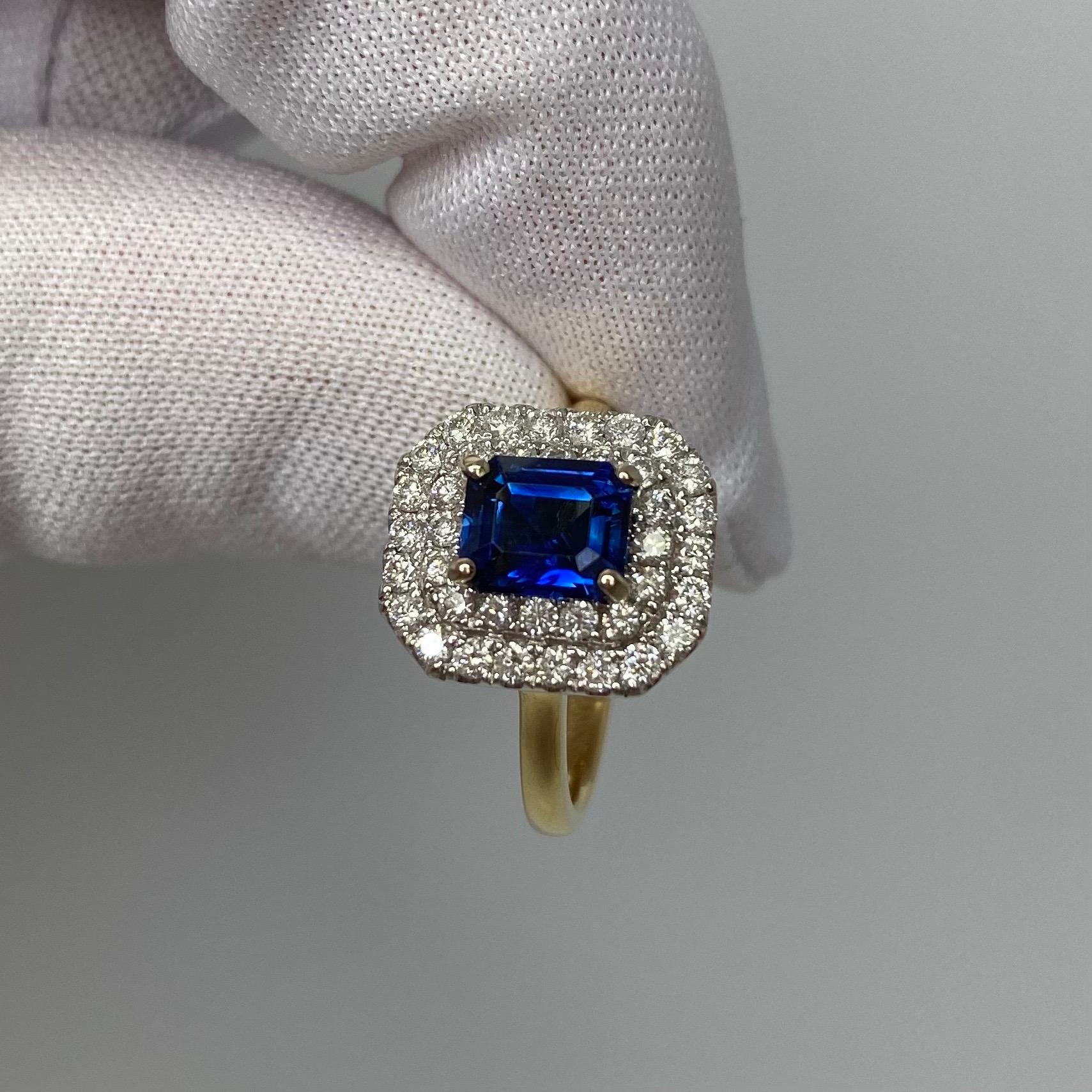 2 Carat Deep Blue Burmese Sapphire & Diamond 18Karat Gold Emerald Cut Halo Ring For Sale 3