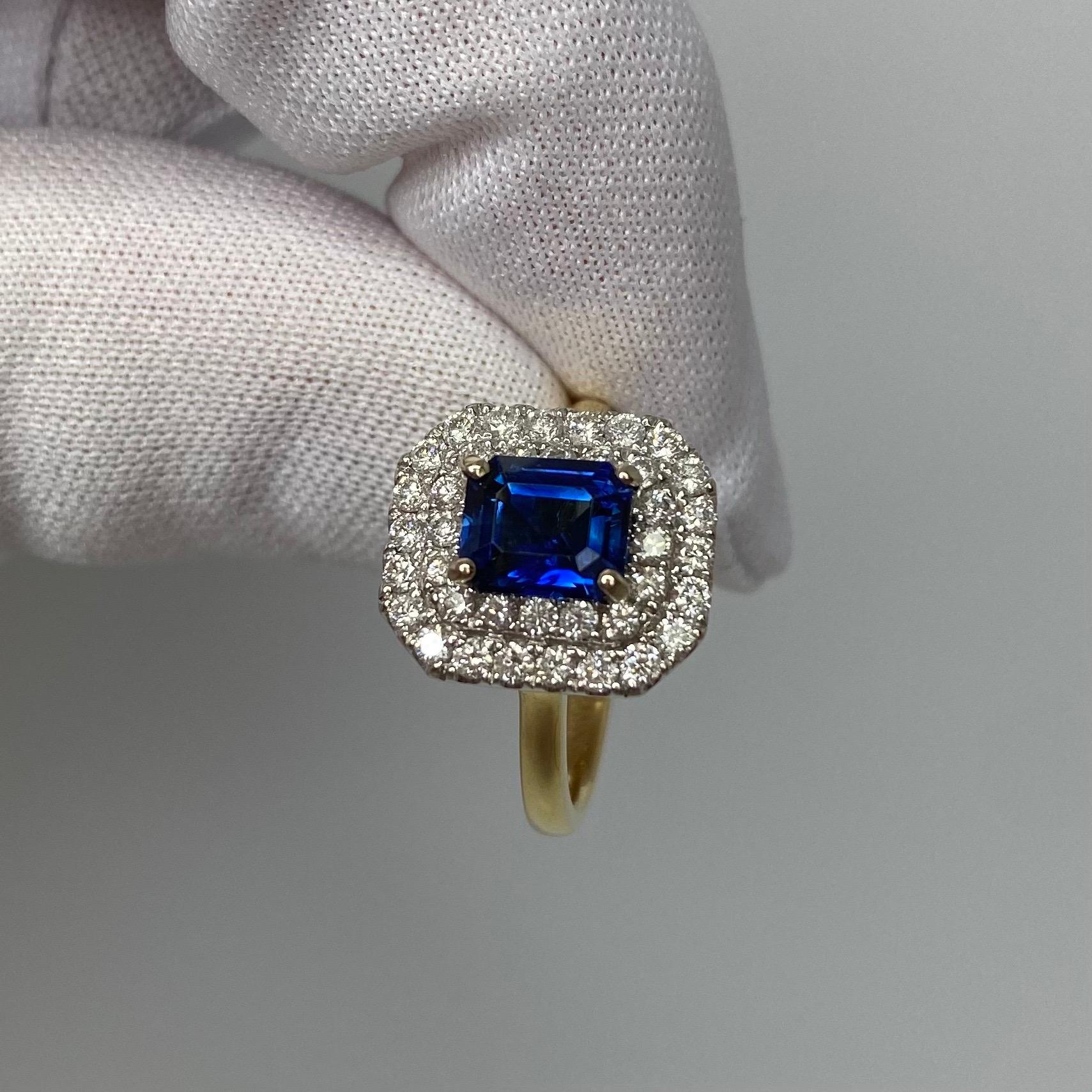 2 Karat tiefblauer burmesischer Saphir & Diamant 18 Karat Gold Smaragdschliff Halo-Ring 4