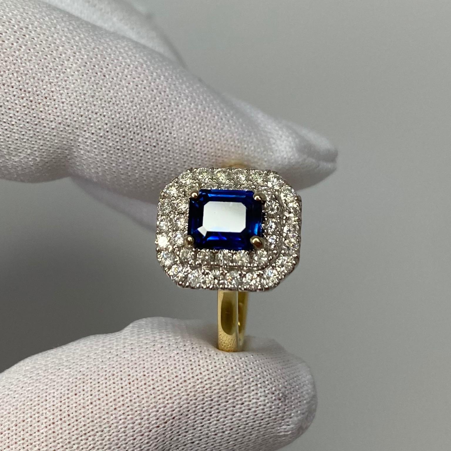 2 Carat Deep Blue Burmese Sapphire & Diamond 18Karat Gold Emerald Cut Halo Ring For Sale 4