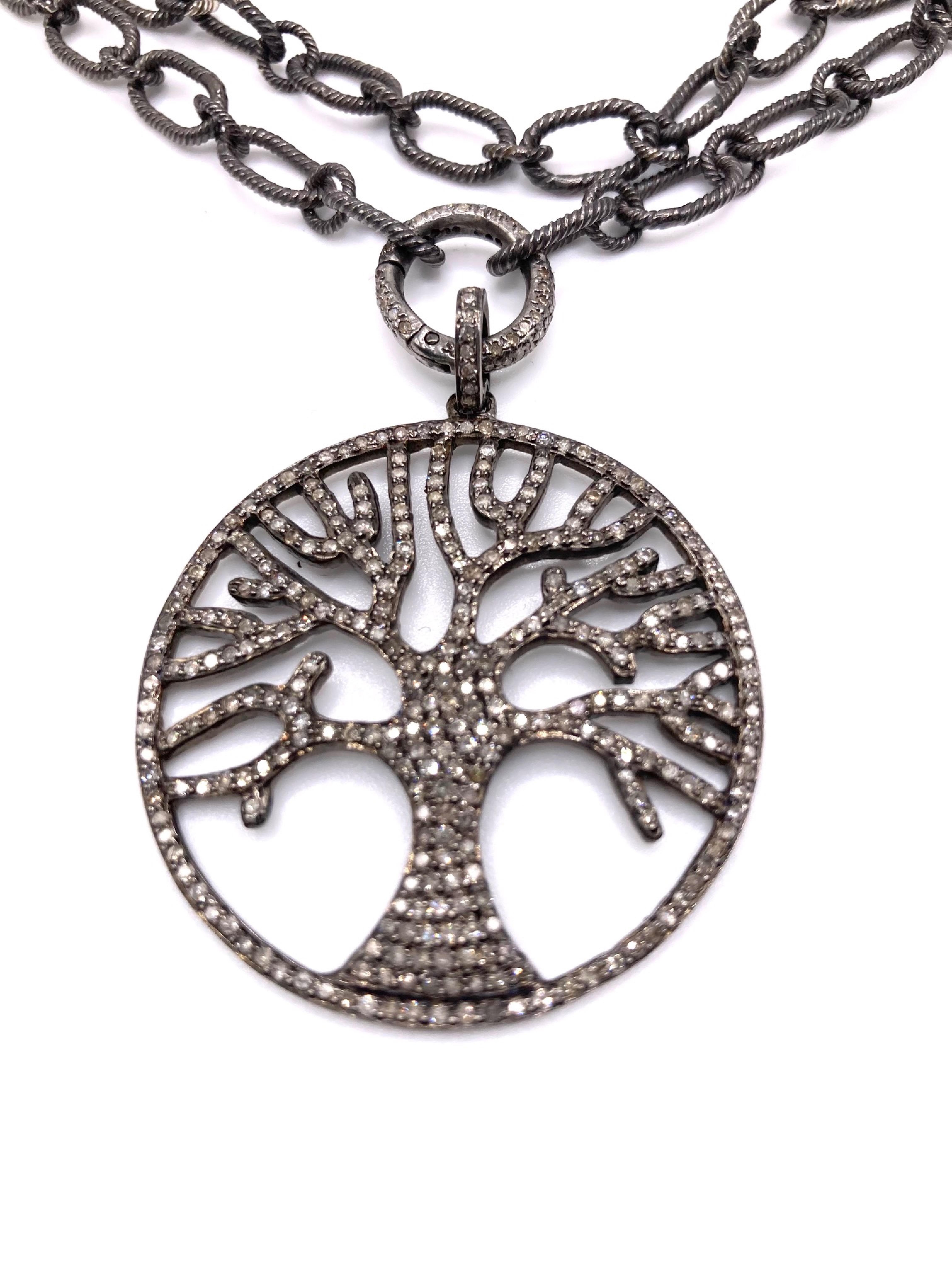 Contemporary 2 Carat Diamond and Tanzanite Tree of Life Pendant Silver Necklace For Sale