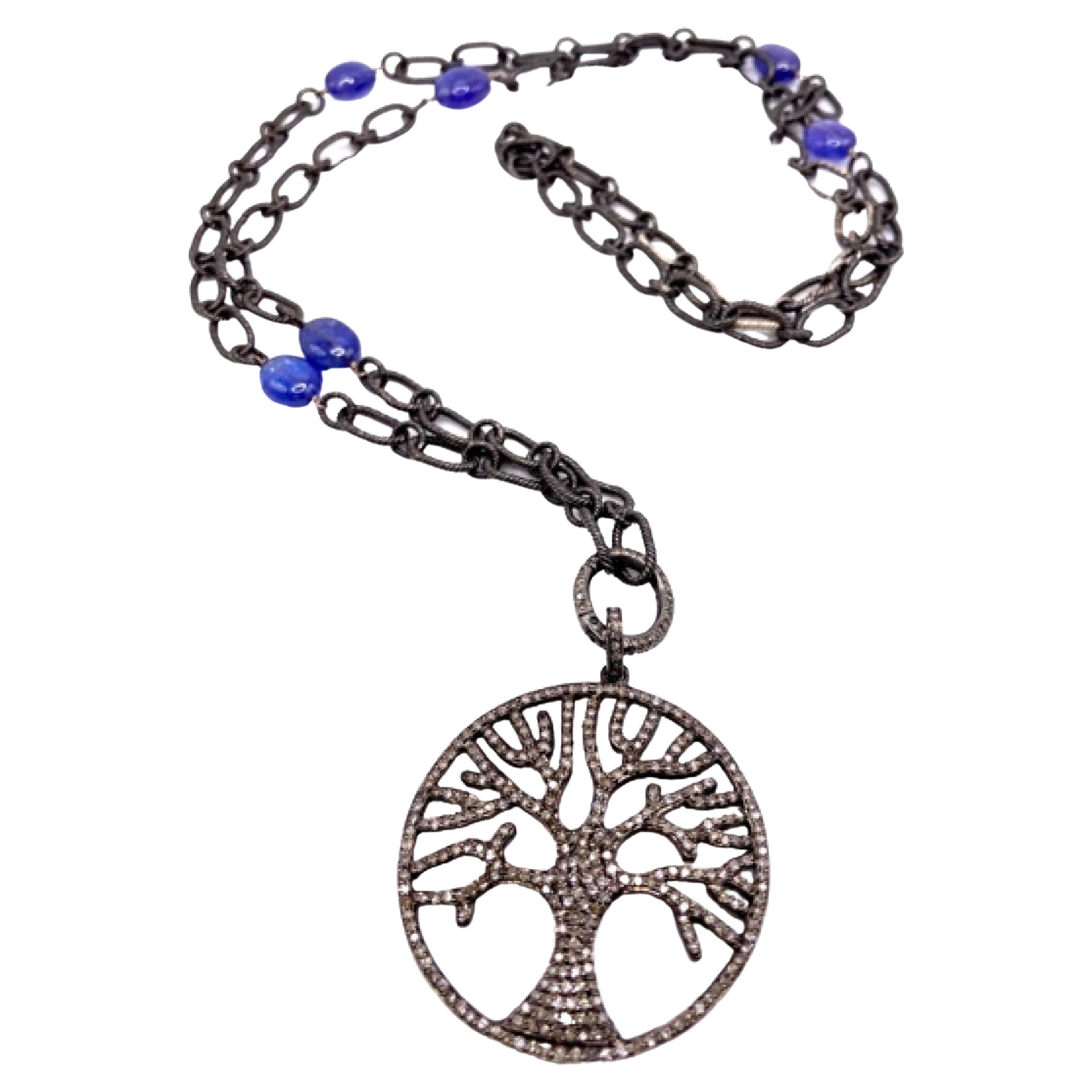 2 Carat Diamond and Tanzanite Tree of Life Pendant Silver Necklace For Sale