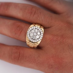 2 Carat Diamond Cluster 14K Gold Ribbed Shank Mens Signet Ring