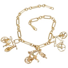 .02 Carat Diamond Emerald Yellow Gold Bicycle Themed Charm Bracelet