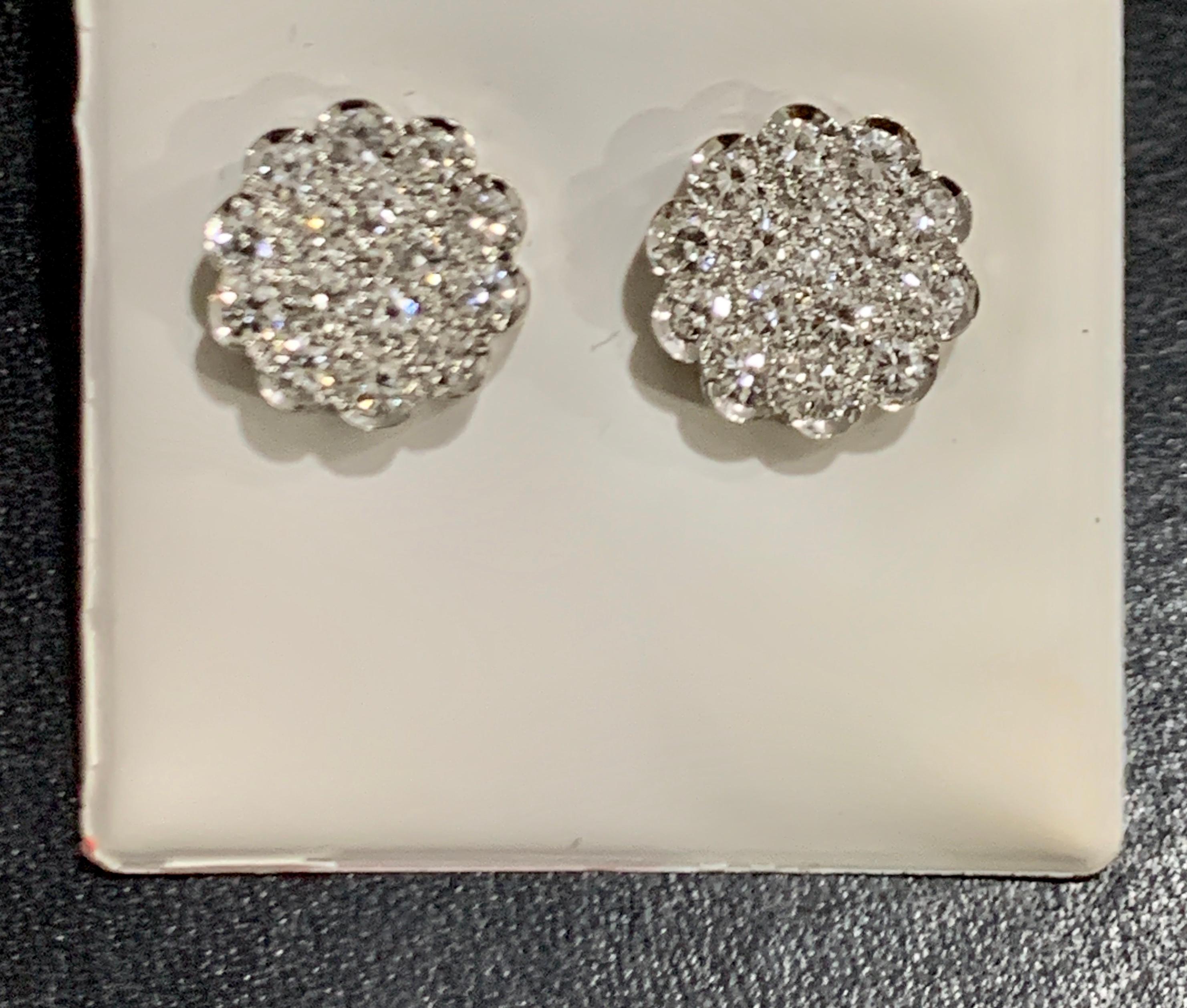 Round Cut 2 Carat Diamond Floral Cluster Flower Stud Earrings in 14 Karat White Gold